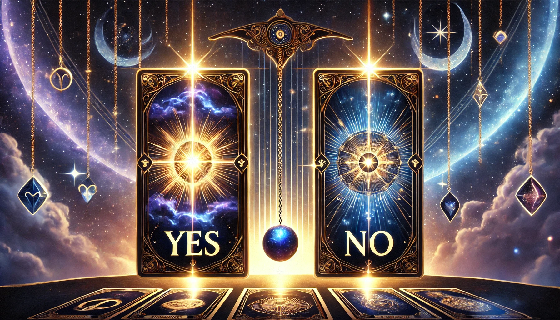 Mystical Tarot Card Reading for Yes/No Answers – A glowing tarot deck with two prominent cards displaying 'YES' and 'NO', alongside a celestial pendulum swinging between them, against a cosmic background with zodiac symbols, representing clarity and decision-making.